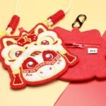 舞獅造型刺繡小錢包 紅色毛氈 拉鏈掛扣 新年禮品