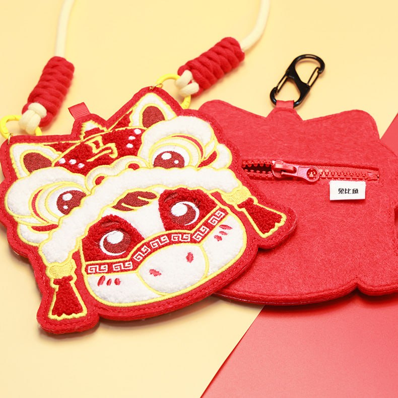舞獅造型刺繡小錢包 紅色毛氈 拉鏈掛扣 新年禮品
