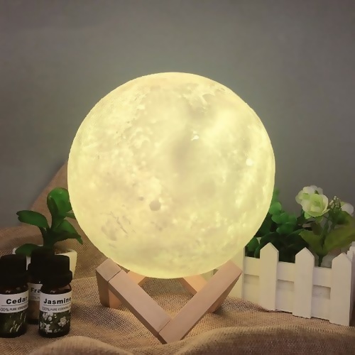 月球造型小夜燈 暖光款式連木質底座