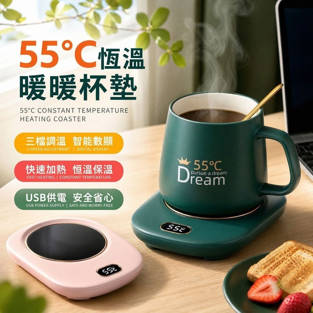 USB恆溫加熱杯墊 55度 三段調溫 綠色及粉色