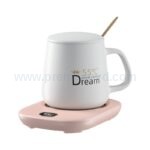 電熱杯墊套裝 白色陶瓷杯連蓋金色湯匙 粉色加熱墊